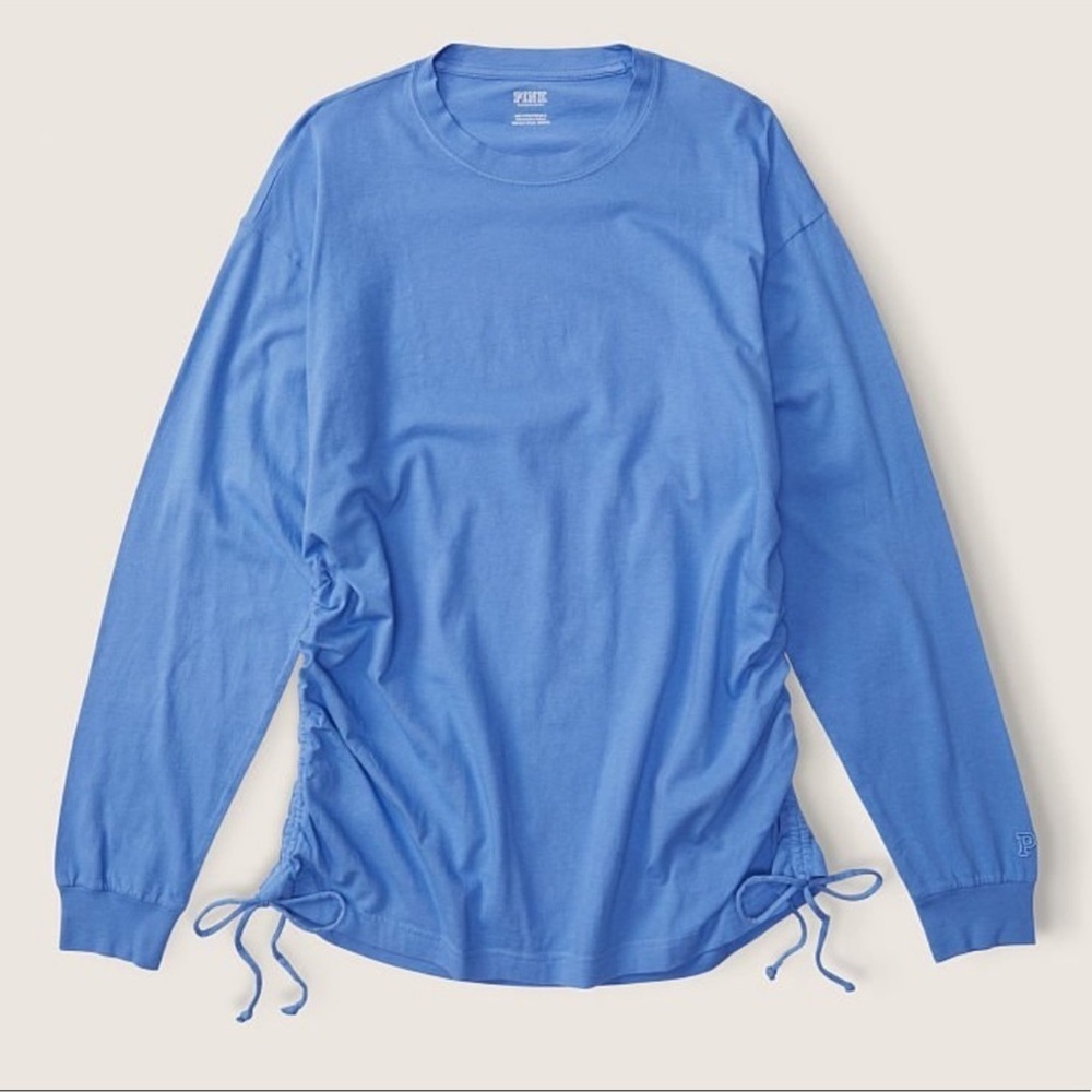 PINK Victoria’s Secret CAMPUS LONG SLEEVE RUCHED TEE Size XS Blue Dawn Wash
